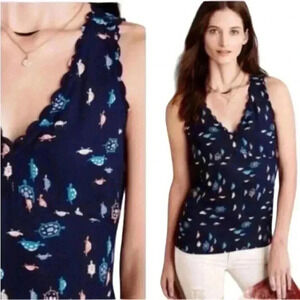 Anthropologie Maeve Turtle Print Tank Top Scalloped Blue Size 6
